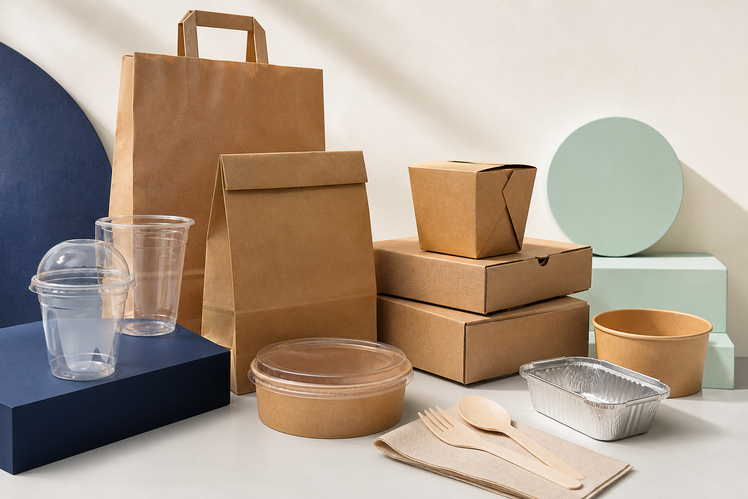 Kraft çanta, paket kutuları, bardak ve servis ambalajlarından oluşan stüdyo düzeni